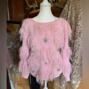 Vintage Y2K Handmade Unique Rare Angora Mohair Baby Pink Fuzzy Sweater Bejeweled